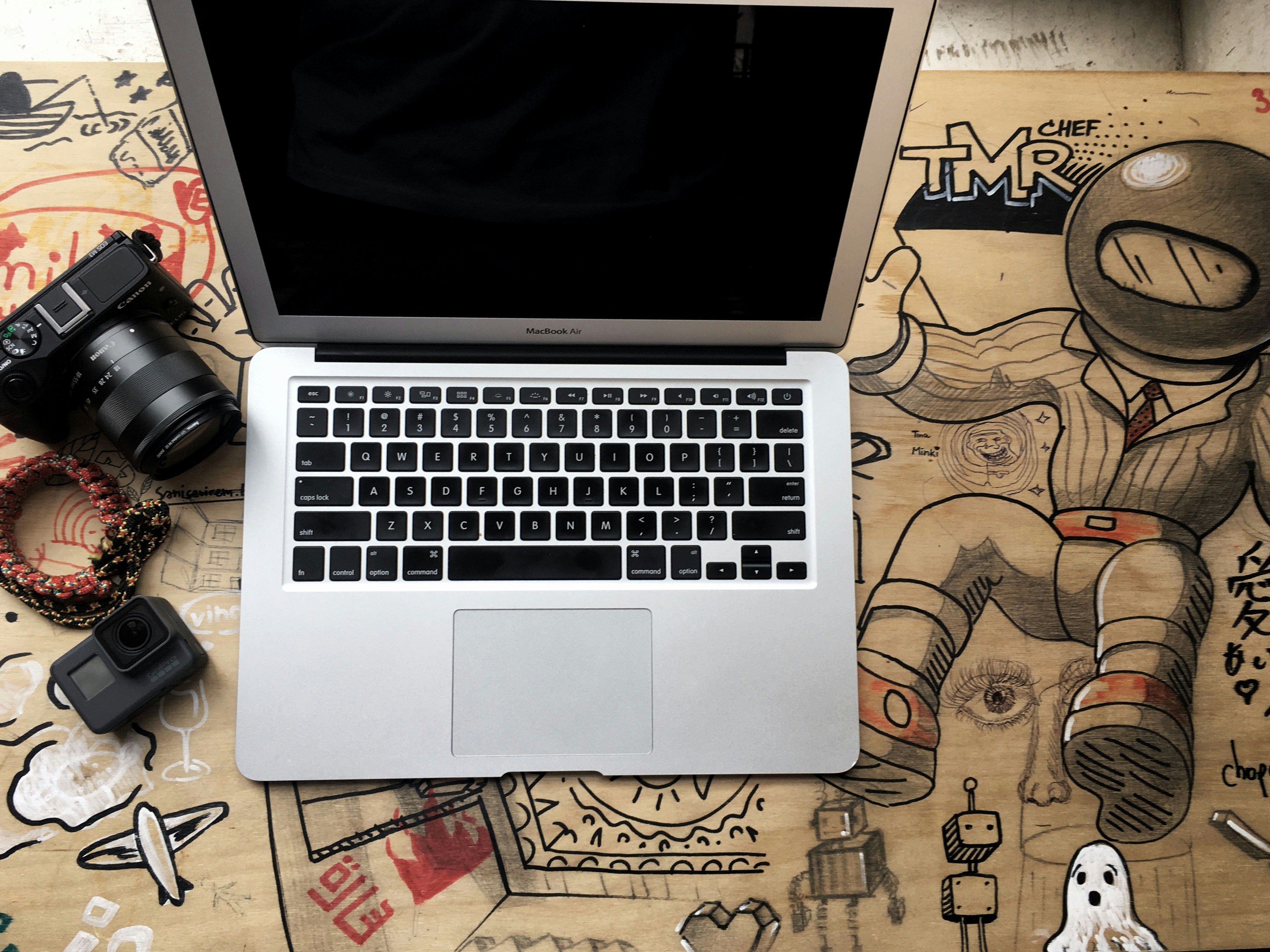 a laptop computer sitting on top of a wooden table