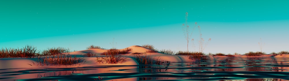 a digital painting of a frozen lake with reeds