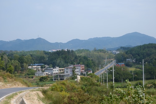 A serene rural landscape featuring a small village nestled among lush green hills. Low-rise houses with colorful roofs are scattered along a winding road that stretches into the distance. Towering trees and dense vegetation surround the area, and gentle hills rise in the background under a calm sky.