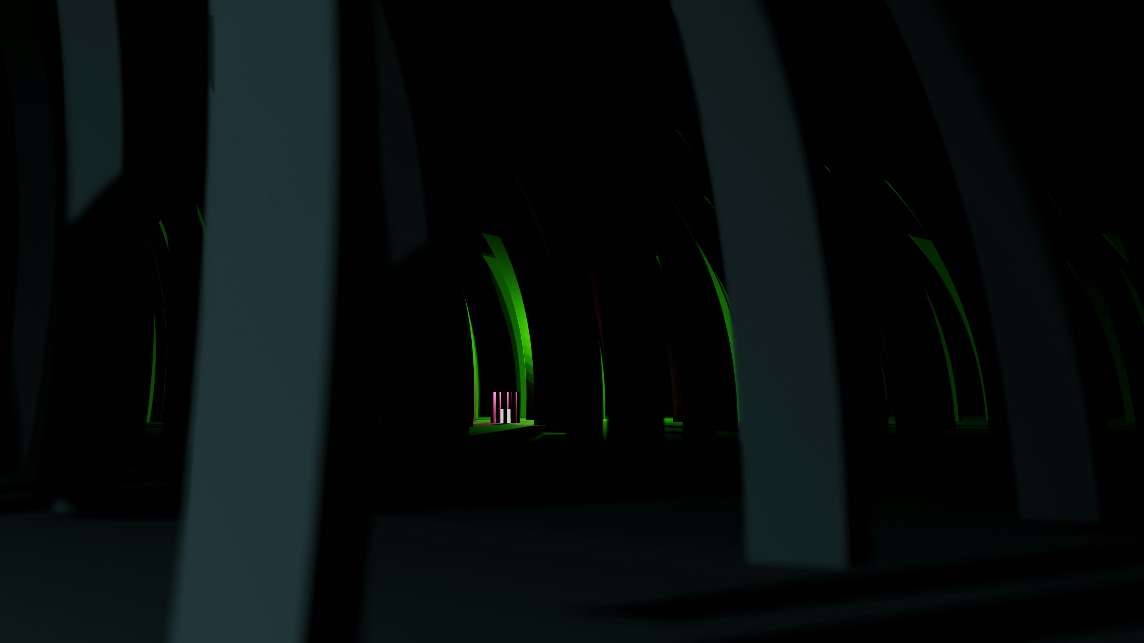 Surreal body horror scene with vivid neon pink and red lighting on abstract biological form in clinical white space