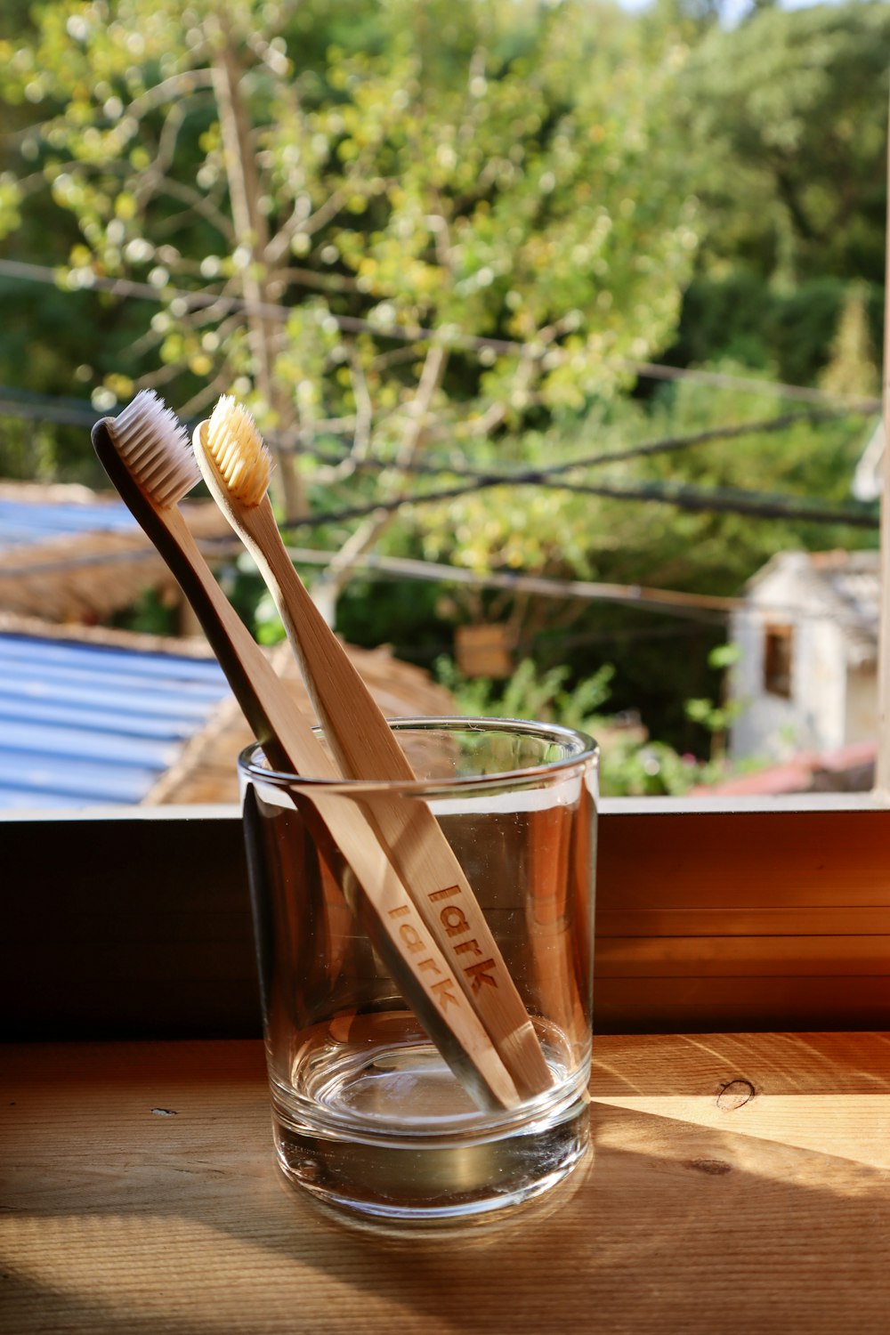 two wooden toothbrushes in a glass of water