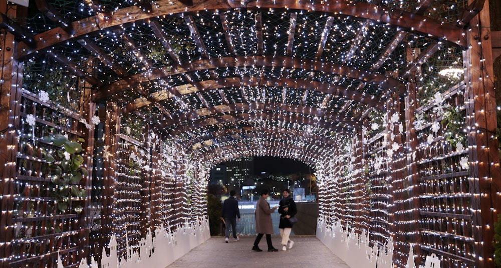 people walking through a tunnel covered in christmas lights