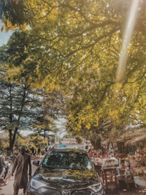 A busy outdoor market scene with a black car parked under a canopy of lush green trees. Sunlight filters through the leaves, creating a dappled effect on the ground. People are seen walking and browsing at various stalls filled with colorful goods and flowers. The environment is lively, with motorcycles and pedestrians adding to the vibrant atmosphere.