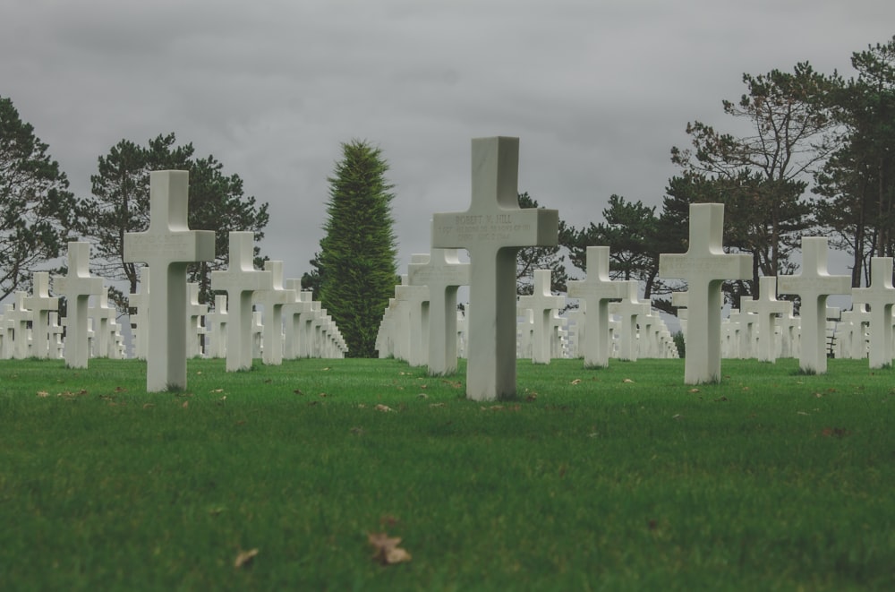 un cimitero con molte lapidi e croci