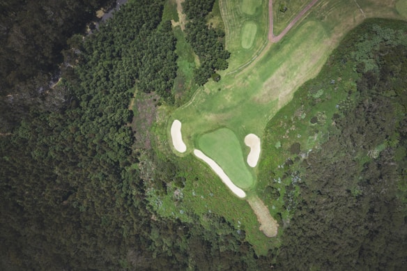 An aerial view of a golf course featuring a hole with surrounding sand bunkers. The green is surrounded by lush forested areas, showcasing dense tree coverage. The image highlights the contrast between the manicured landscape of the golf course and the natural greenery around it.