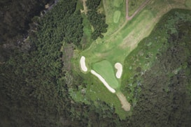 An aerial view of a golf course featuring a hole with surrounding sand bunkers. The green is surrounded by lush forested areas, showcasing dense tree coverage. The image highlights the contrast between the manicured landscape of the golf course and the natural greenery around it.