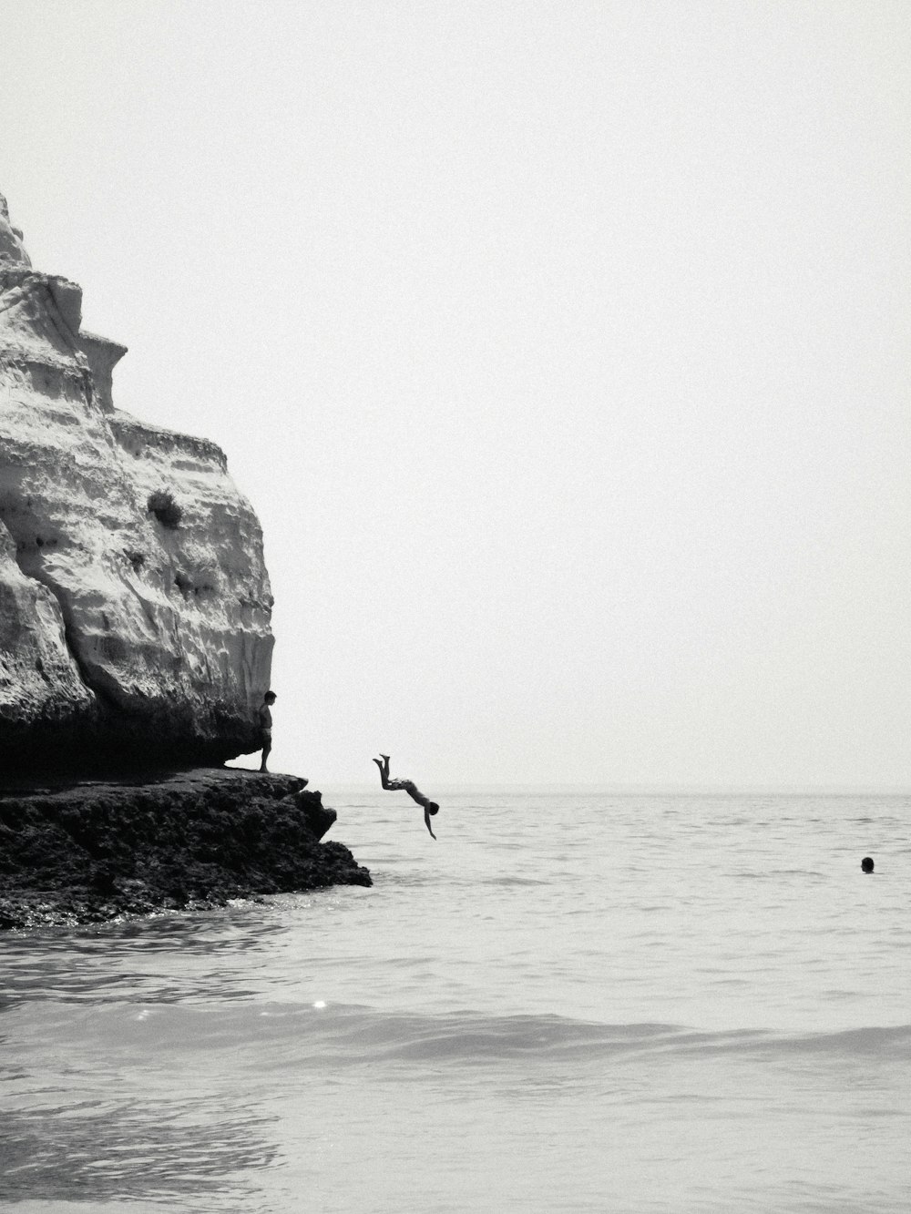 a black and white photo of a bird flying over the ocean