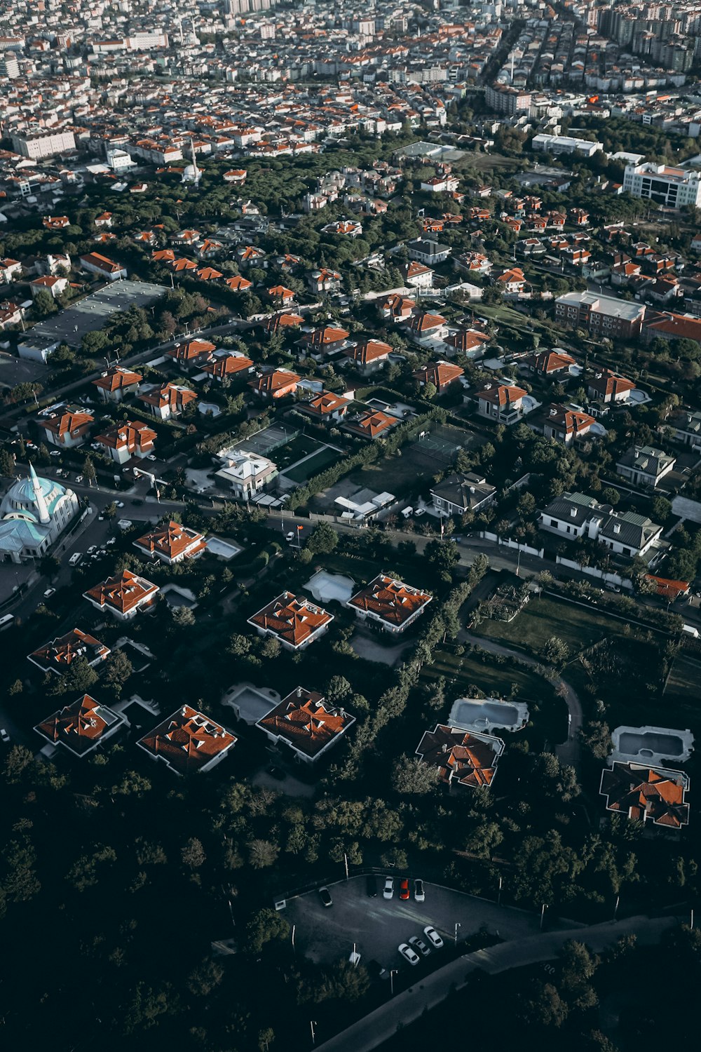 an aerial view of a city with lots of buildings