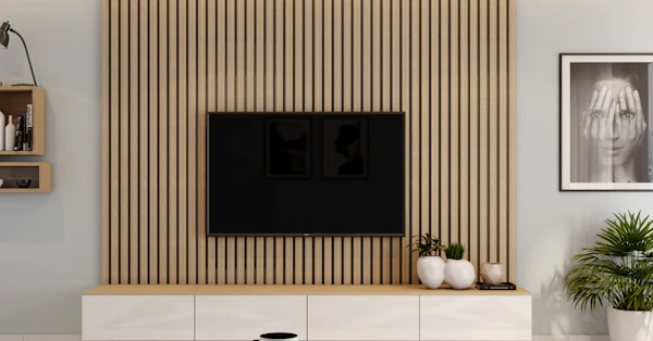 Living room with flat screen TV mounted on wall