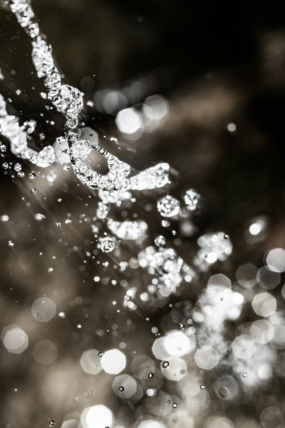 a close up of water droplets on a black and white background