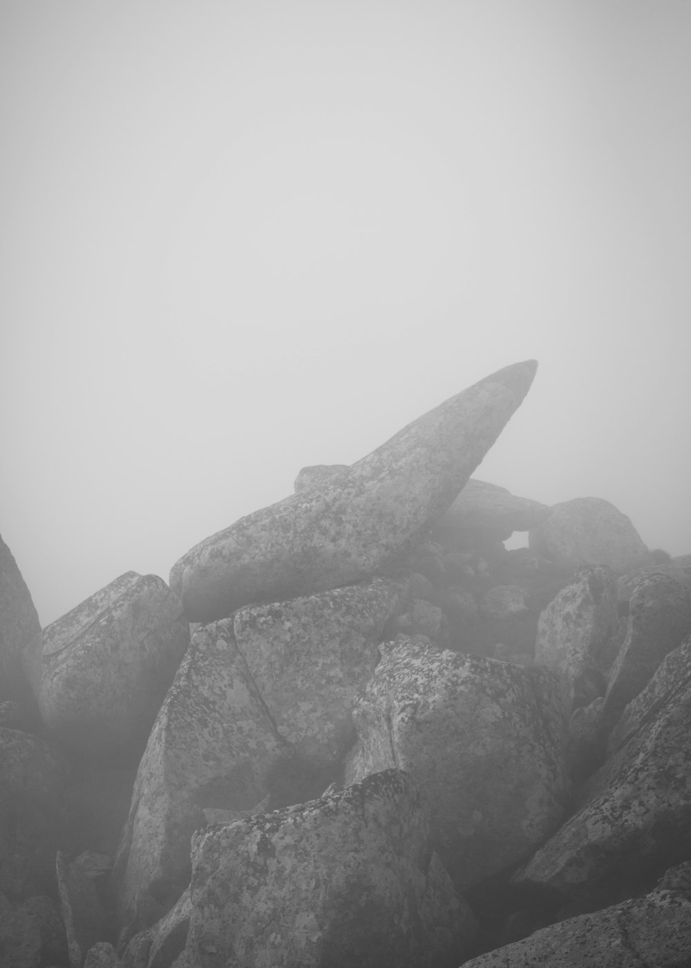Una foto en blanco y negro de rocas en un día de niebla