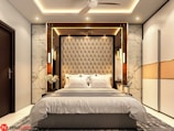 a bedroom with a bed and a ceiling fan
