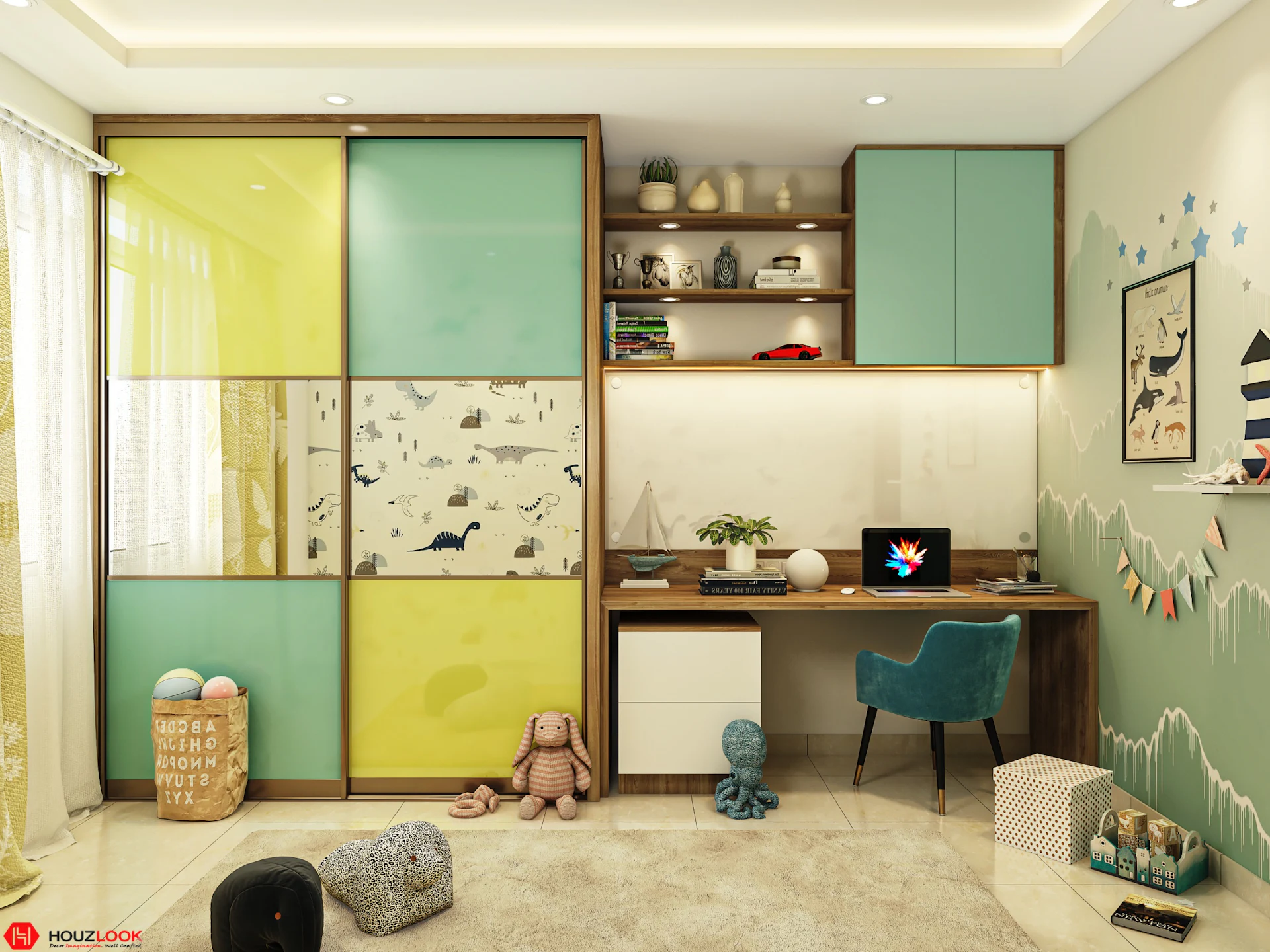 Colourful kids' room with a study desk