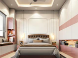 a bedroom with a bed and a ceiling fan