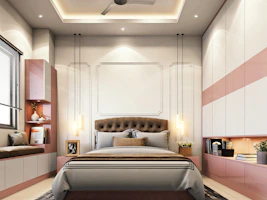 a bedroom with a bed and a ceiling fan