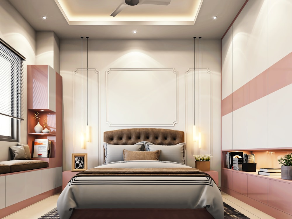 a bedroom with a bed and a ceiling fan