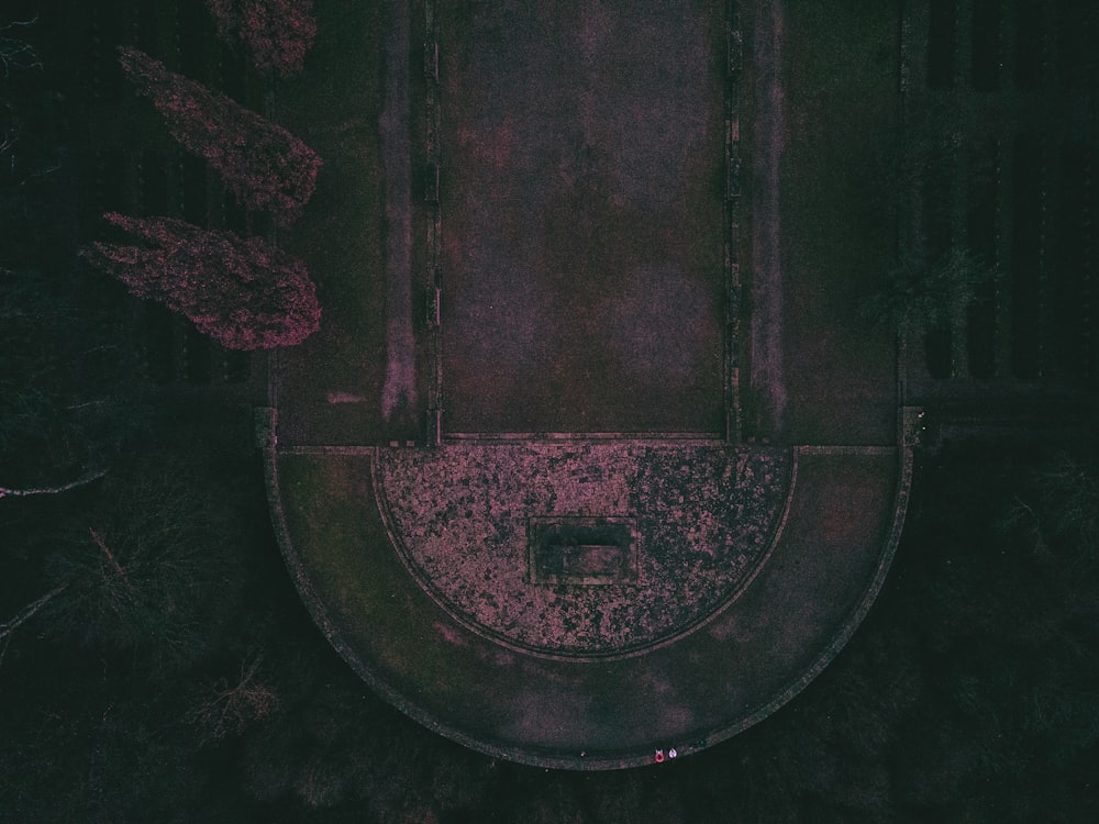 an aerial view of a building in the dark
