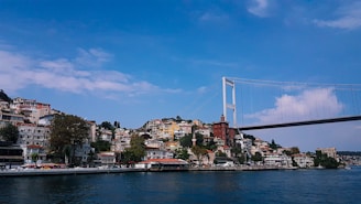 a bridge over a body of water with a city in the background