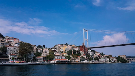 a bridge over a body of water with a city in the background