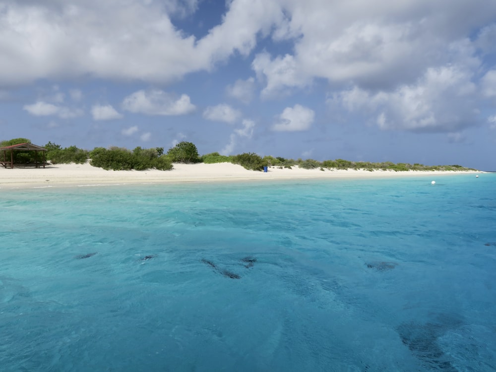 a beach with a house on it and blue water