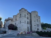 An old stone building with a rustic appearance, featuring multiple floors and narrow windows. The structure appears historic, with slightly worn and textured walls. In front of the building are colorful flower arrangements and a small French flag. The street is quiet with a clear blue sky above, and there are a few trees and shrubs nearby.
