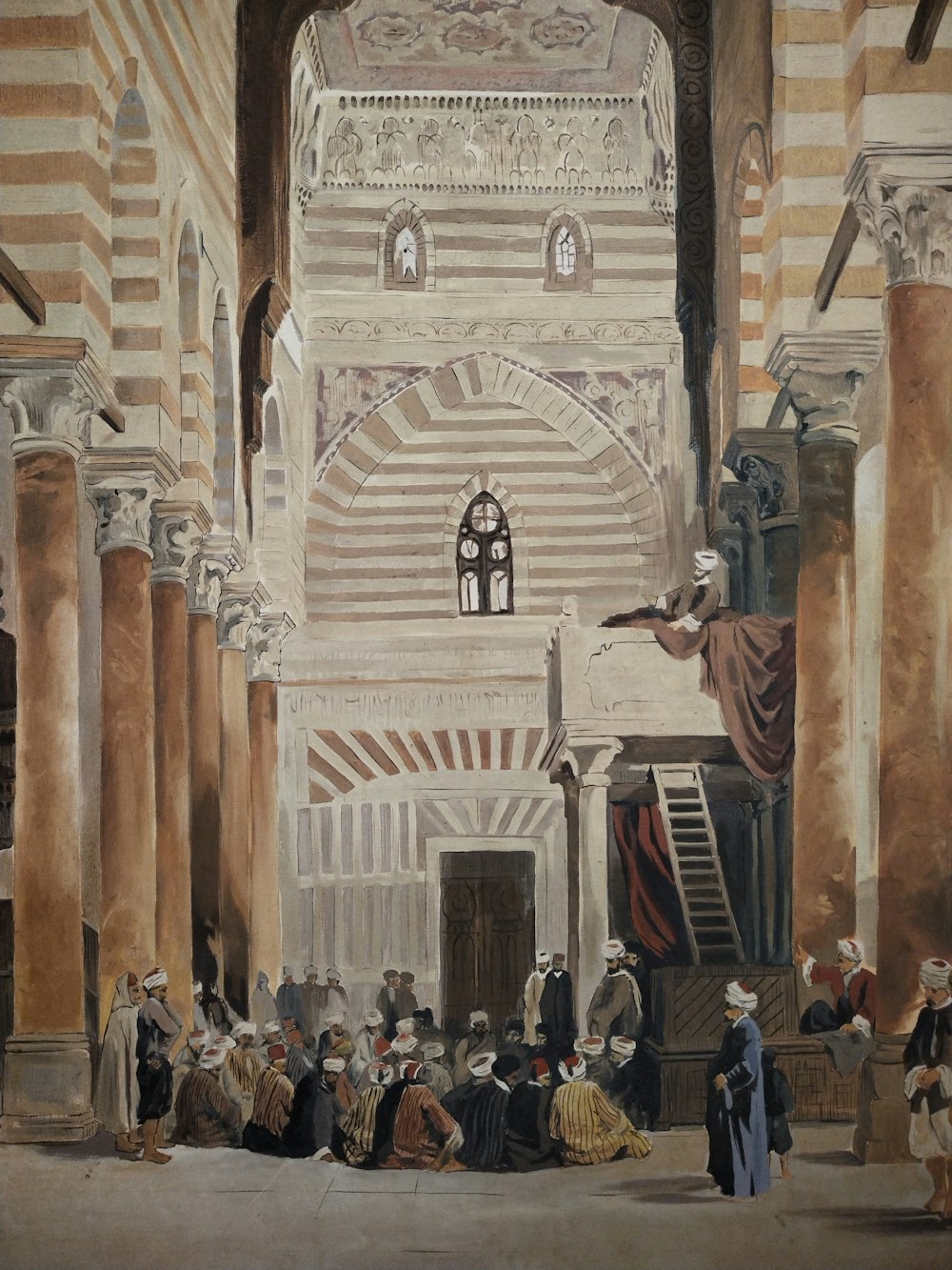 a painting of a group of people inside of a building