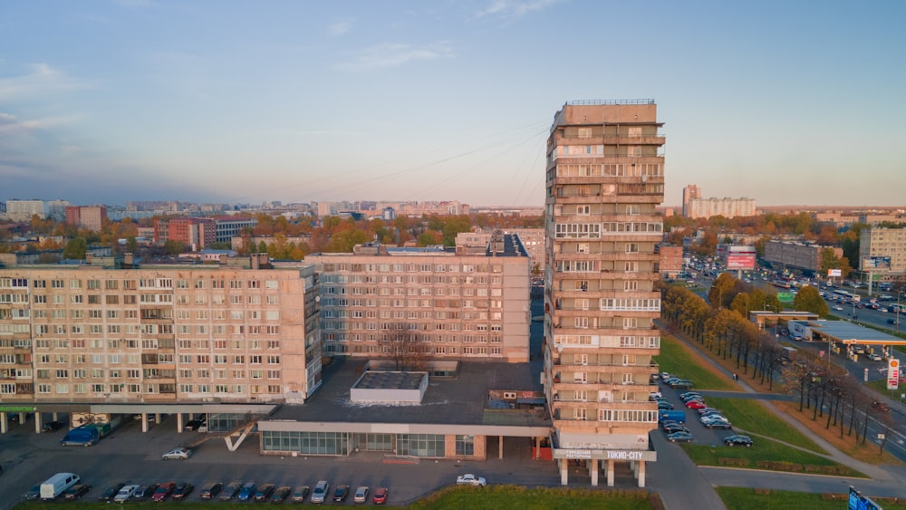 an aerial view of a parking lot in a city