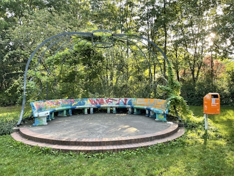 Urban waste patch transformed into a green community space with young trees and seating.