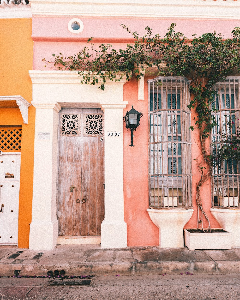 a pink and yellow building with a potted plant next to it