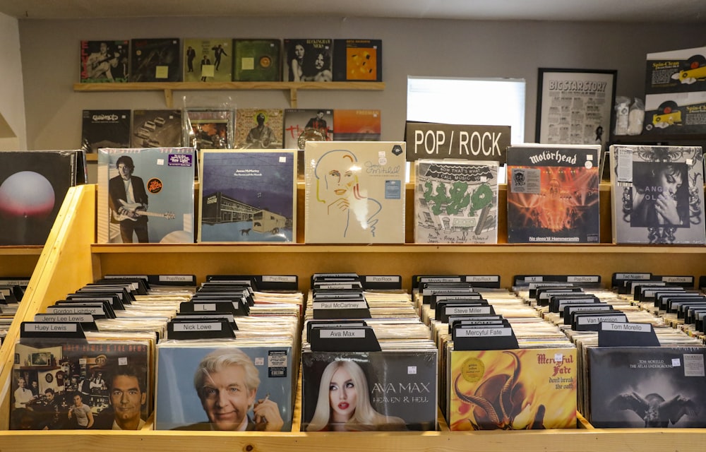 a display case filled with lots of records