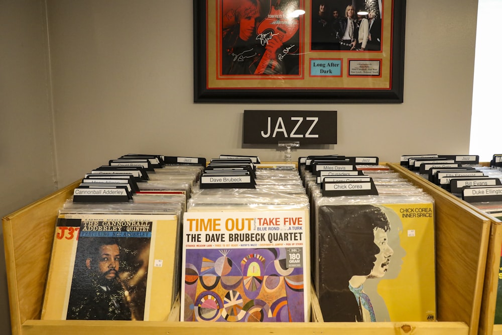 a collection of records on display in a music store