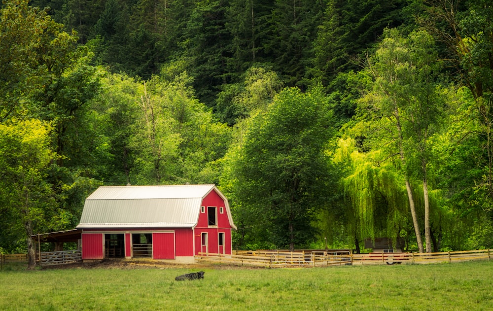 a red barn in the middle of a lush green field