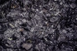 A mixture of charred debris and ash with small pieces of partially burned materials. The texture is rough and fragmented, and some areas show a metallic sheen.
