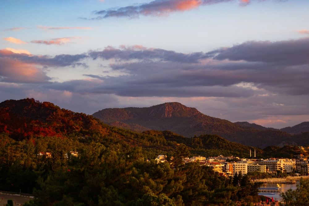 a view of a city with mountains in the background