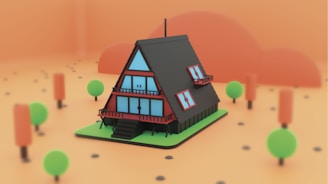 a house with a red roof surrounded by trees