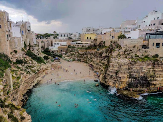 a group of people standing on top of a cliff next to a body of water