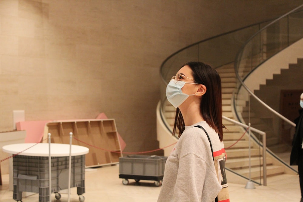 a woman wearing a face mask in a building