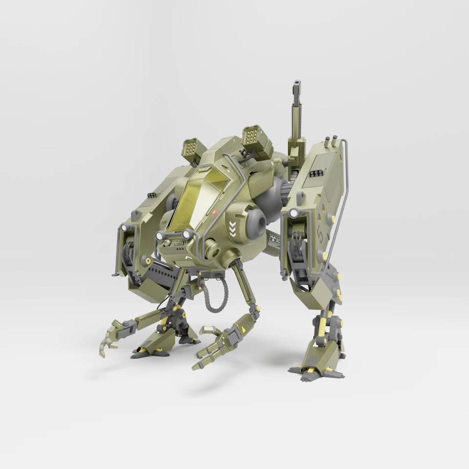 The image presents a 3D rendering of a robot with a green body and gray legs, standing on all fours against a white background. The robot's head is tilted to the left, giving it an imposing appearance. It has two arms extending outwards from its sides, each equipped with a gun on top, suggesting that this robot may be designed for combat or defense purposes.