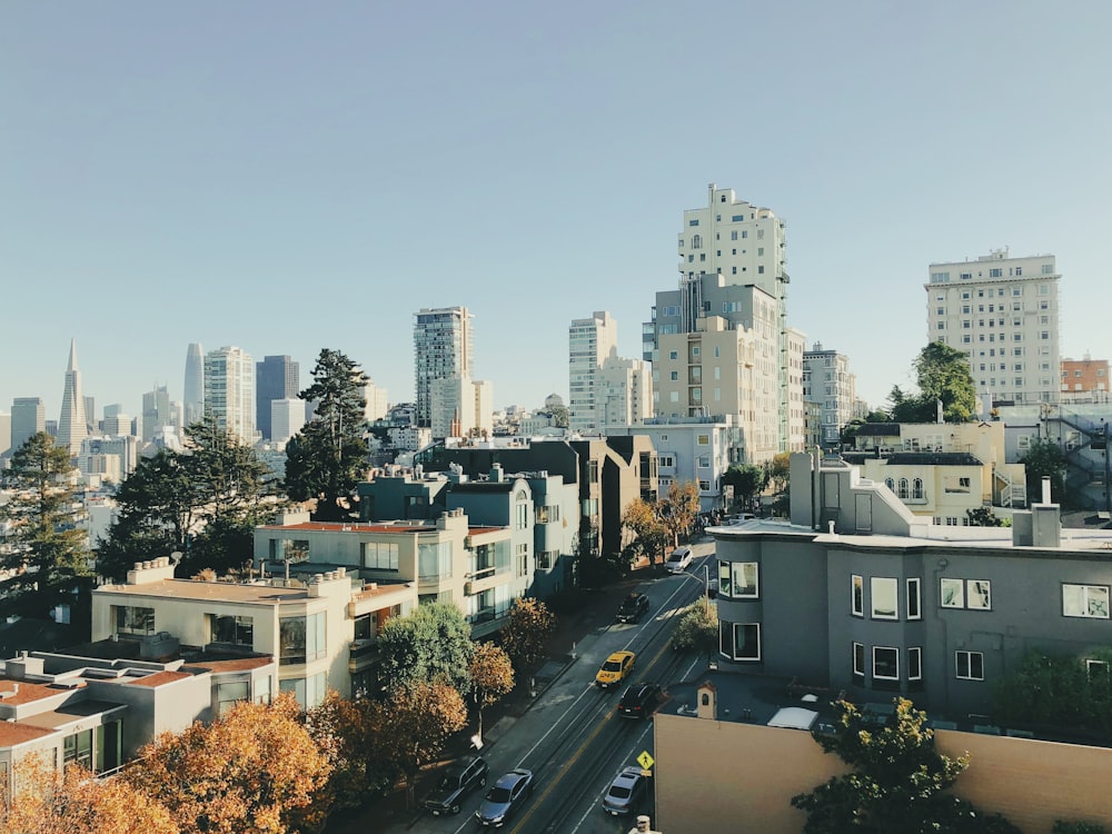 a view of a city with tall buildings