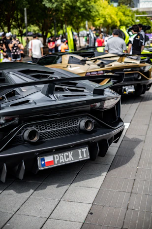 A row of luxury sports cars is parked on a street, with people gathered around them. The cars have sleek, aerodynamic designs, and the one in the foreground has a customized license plate. The scene is set against a backdrop of trees and a bright, sunny atmosphere.