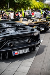 A row of luxury sports cars is parked on a street, with people gathered around them. The cars have sleek, aerodynamic designs, and the one in the foreground has a customized license plate. The scene is set against a backdrop of trees and a bright, sunny atmosphere.