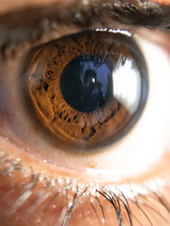 Close-up photo of a person carefully taking an iris picture with a smartphone, showing the eye clearly.