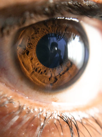 Close-up photo of a person carefully taking an iris picture with a smartphone, showing the eye clearly.