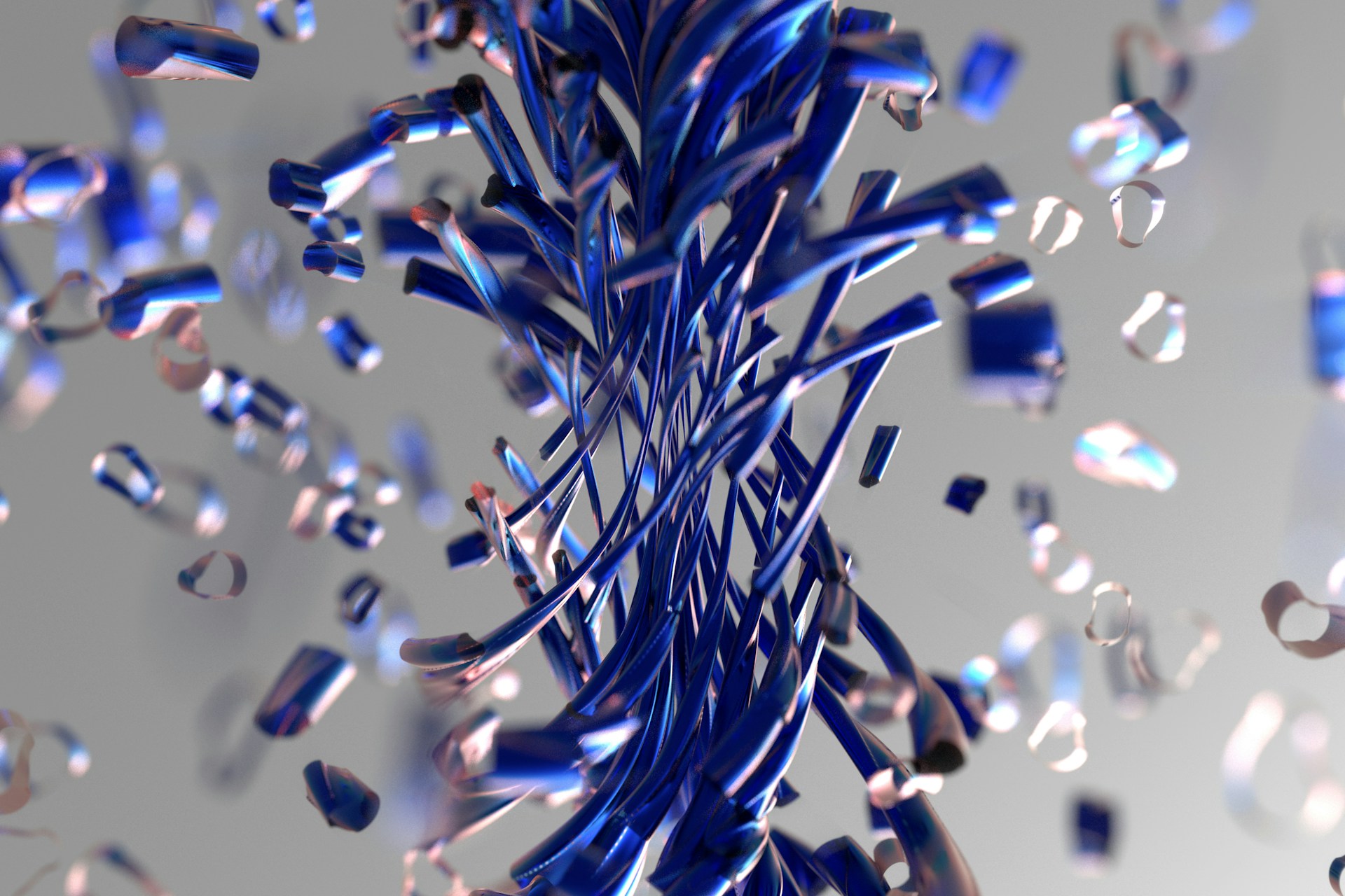 a bunch of blue and silver objects flying in the air