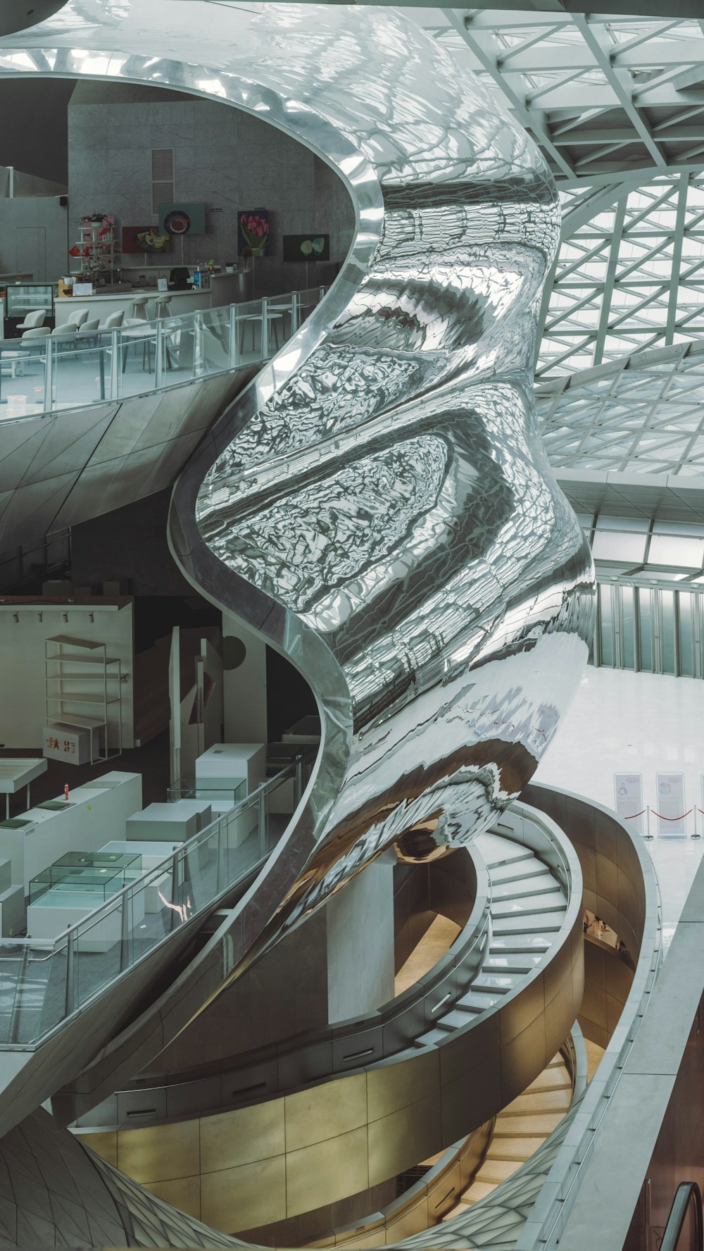 a spiral staircase inside of a building