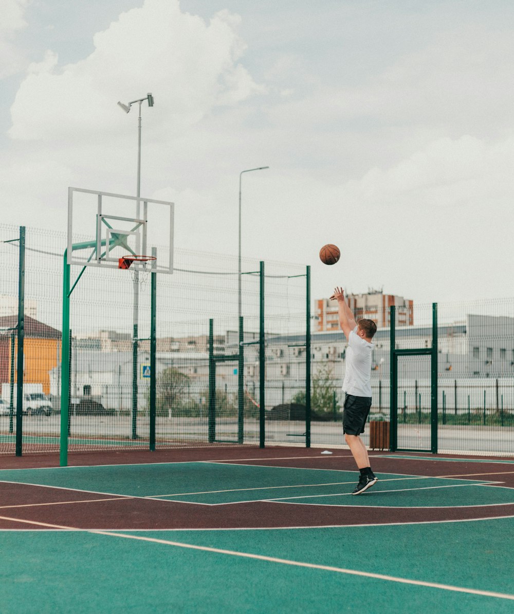a man is playing basketball on a court