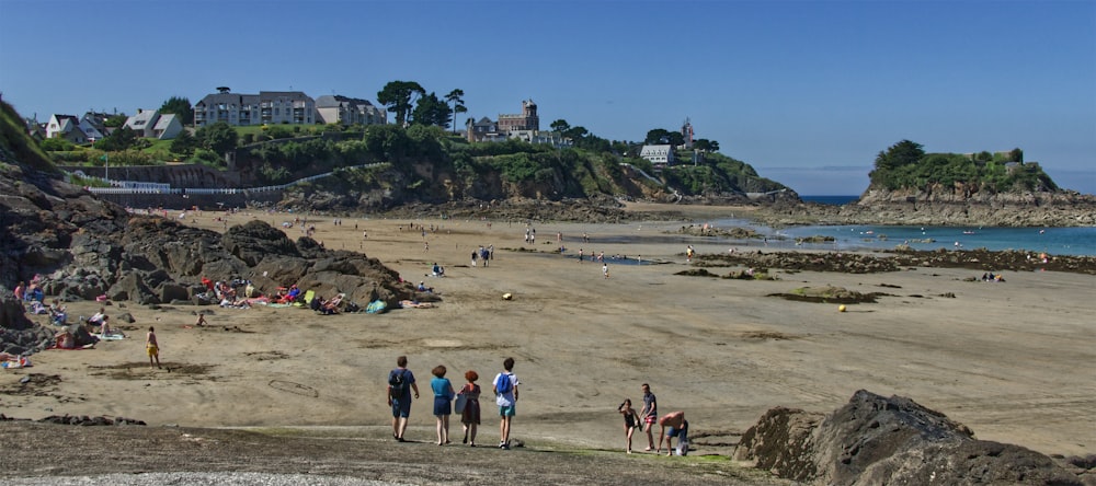 un groupe de personnes debout au sommet d’une plage de sable