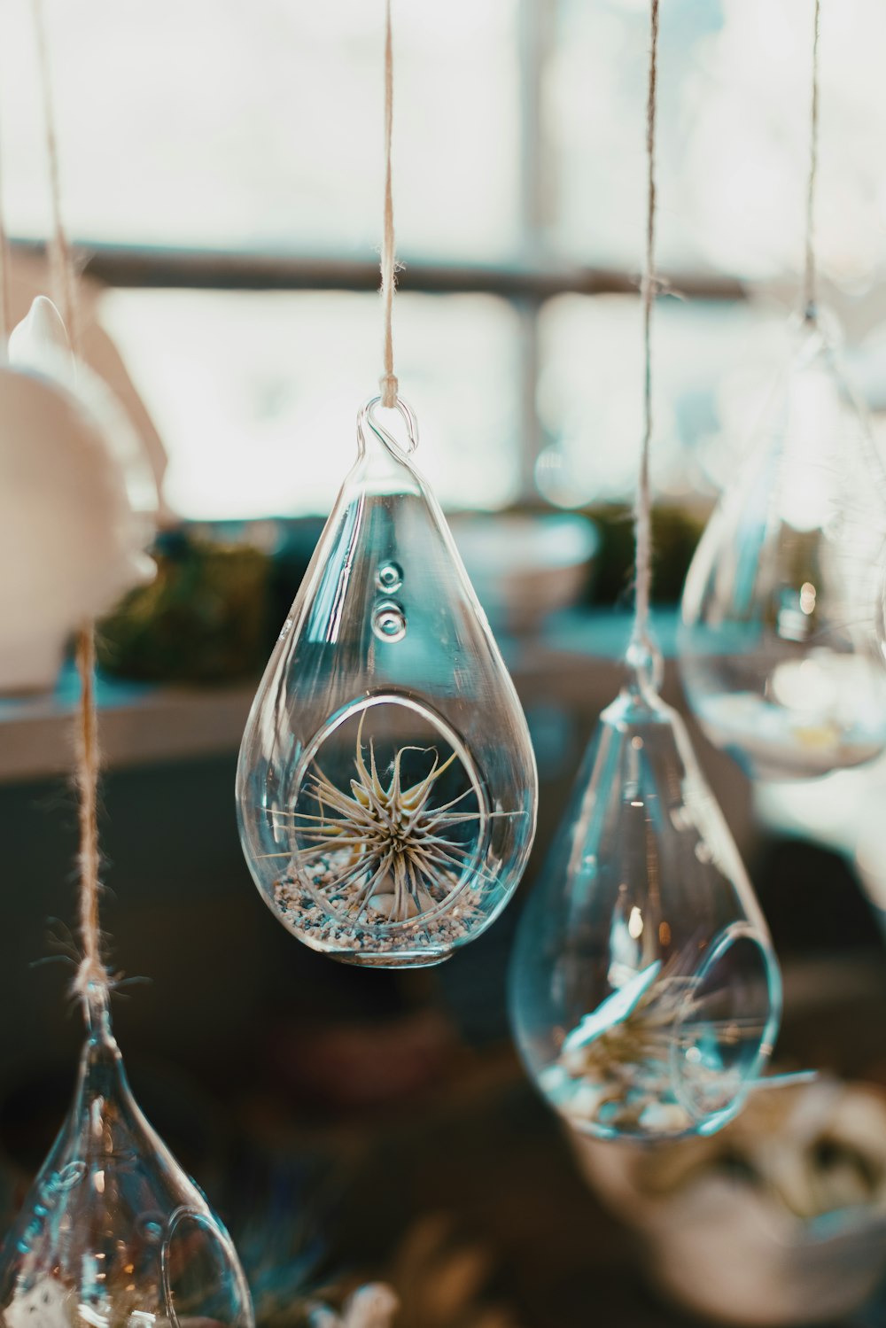 a group of glass hanging from a ceiling