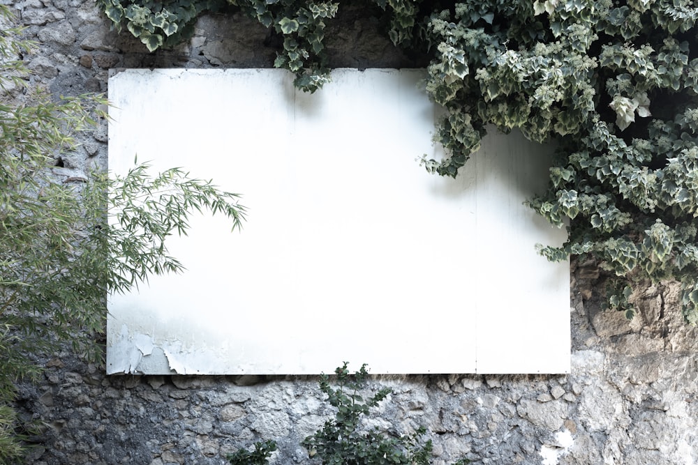 a white sheet of paper sitting on top of a stone wall