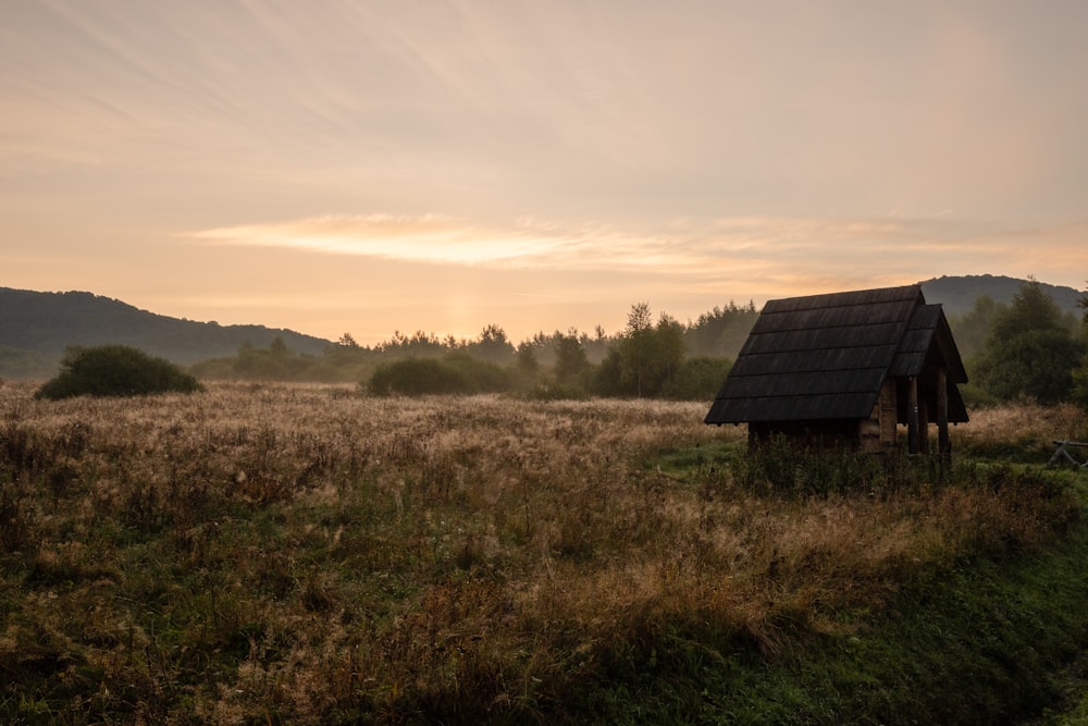 a small cabin in the middle of a field